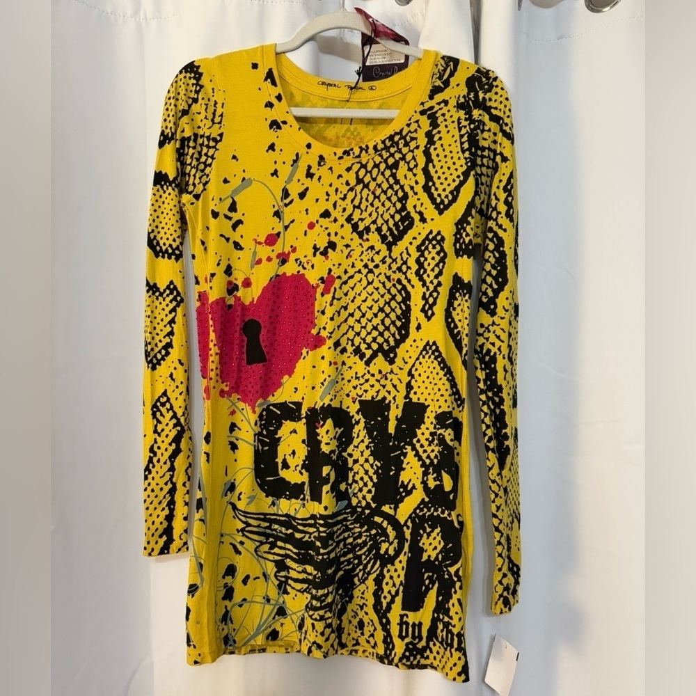 Crystal Rock Christian Audigier Yellow, Black, Pink Graphic Top